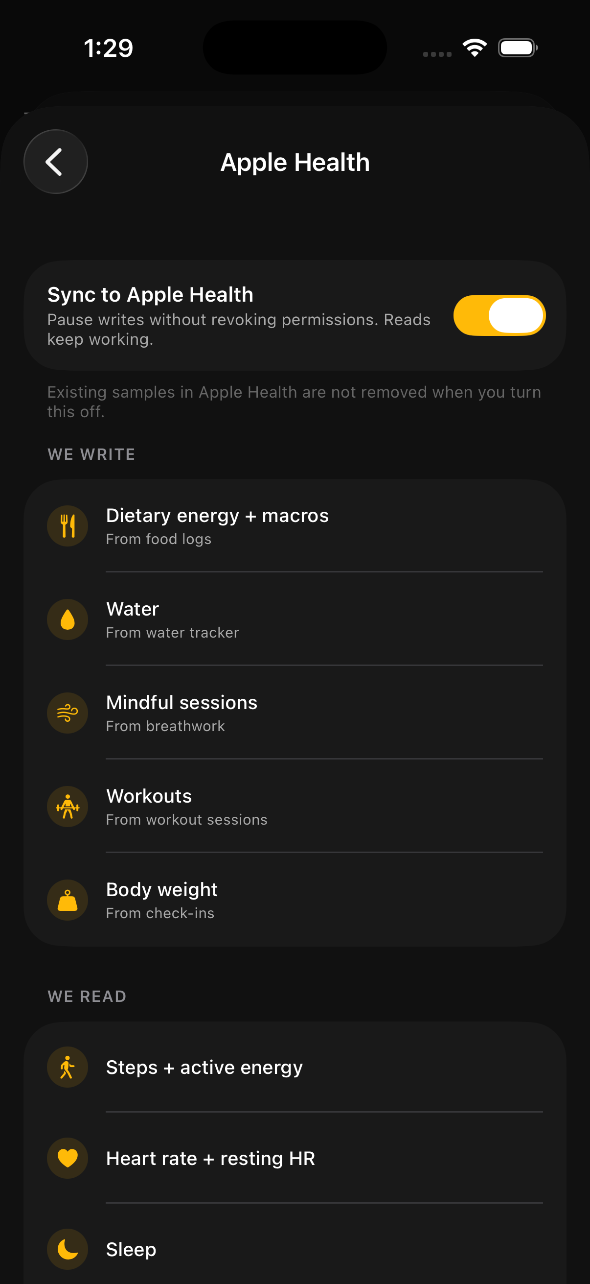 Apple Health connection screen with category toggles