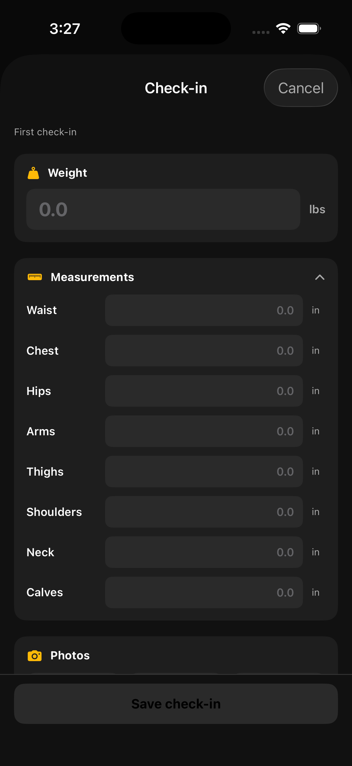 Body stats sheet for logging weight, body fat percent, and measurements