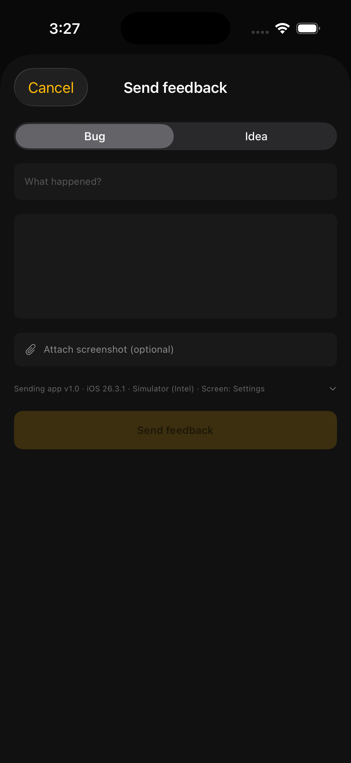 Feedback form with screen, type, and message fields