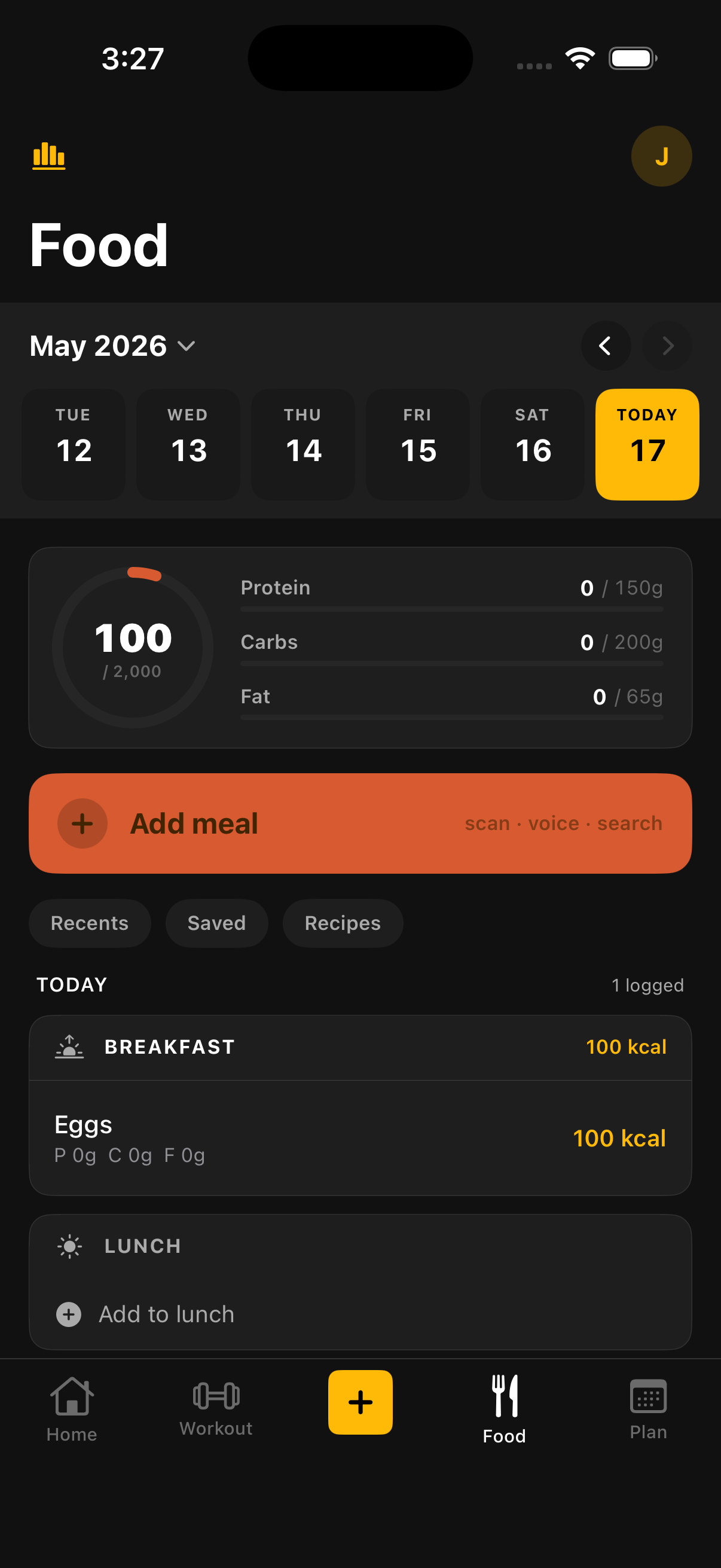 Food tab showing daily macros header and meal slots for breakfast, lunch, dinner, and snacks