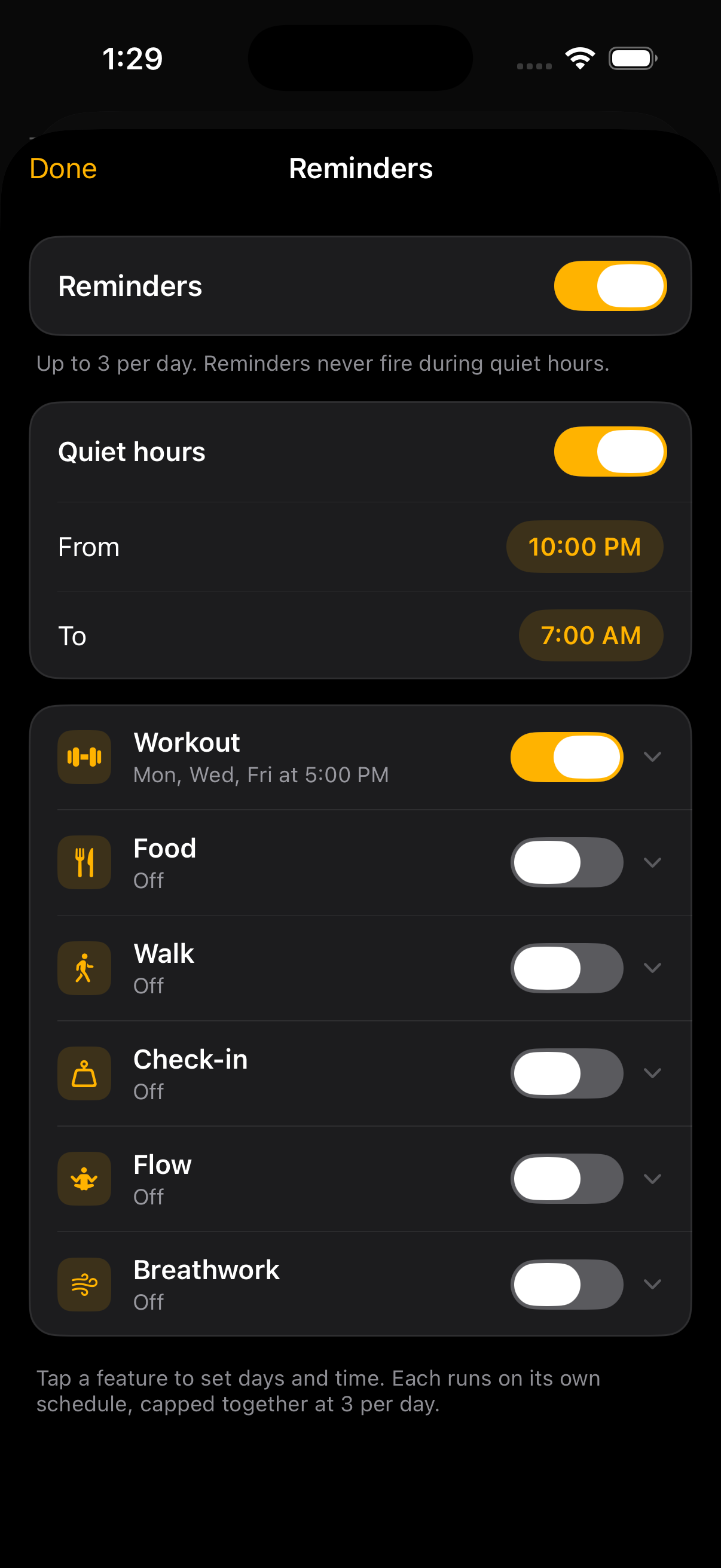 Reminders settings screen with master switch, quiet hours, and per-feature toggles