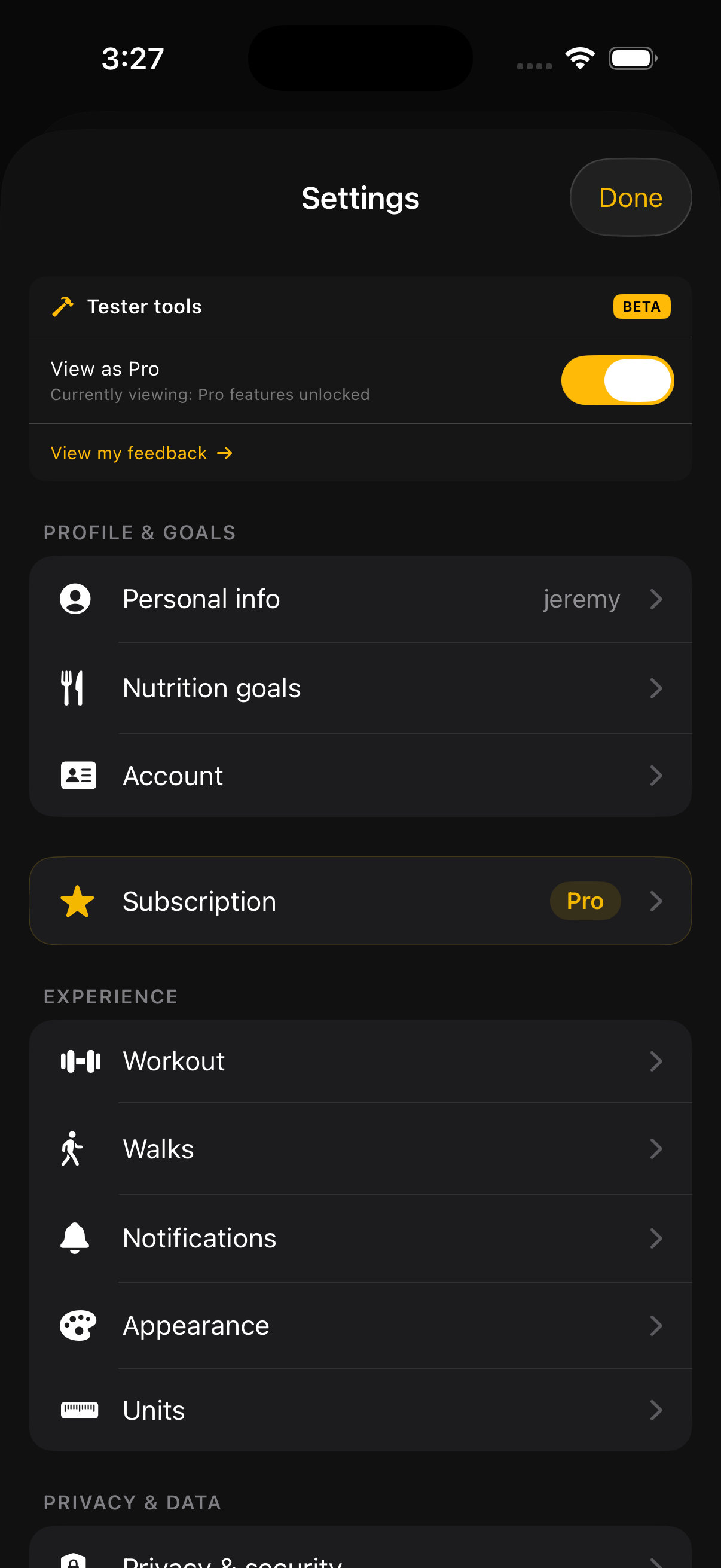 Settings root with Profile and goals, Experience, Privacy and data, Help and about, Account sections
