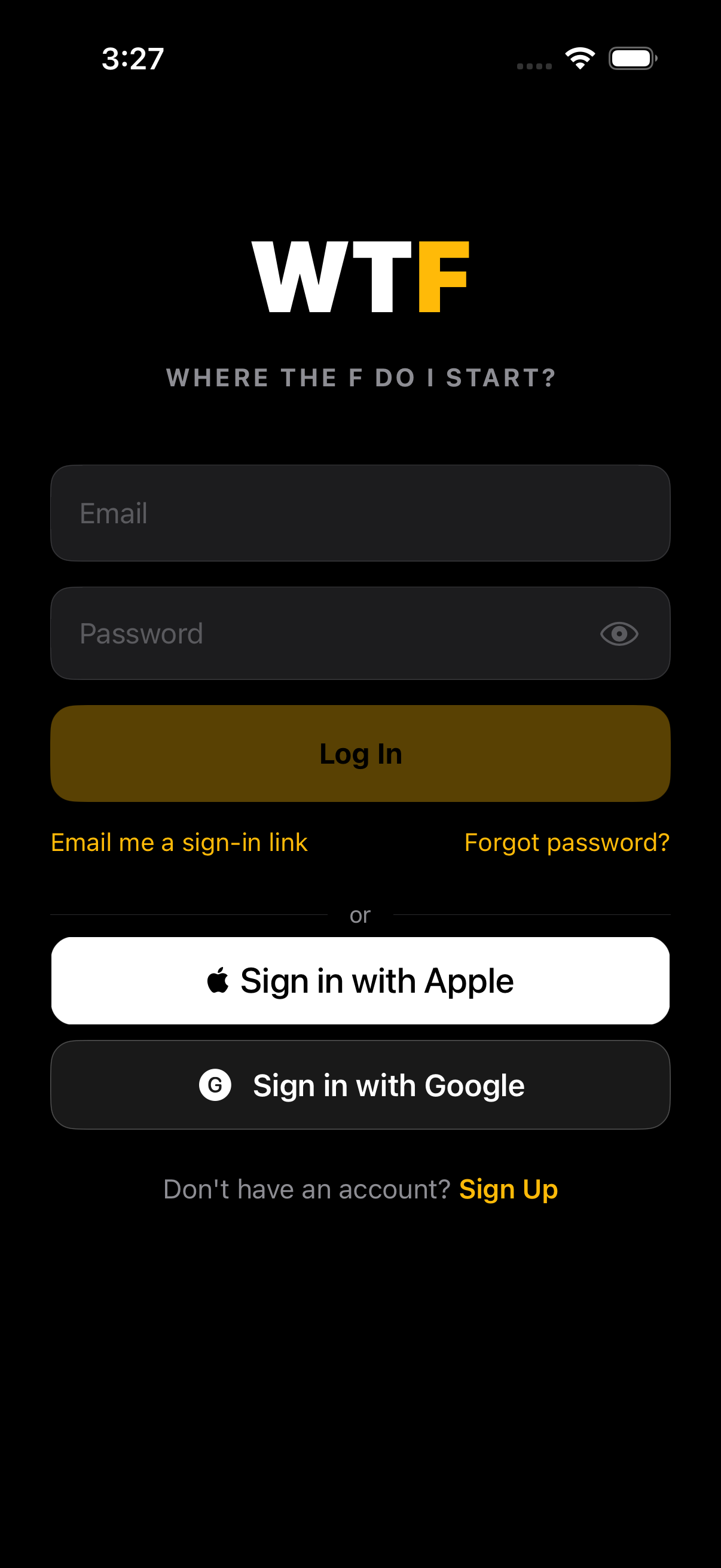 WTF welcome screen with Apple, Google, and email sign-in options
