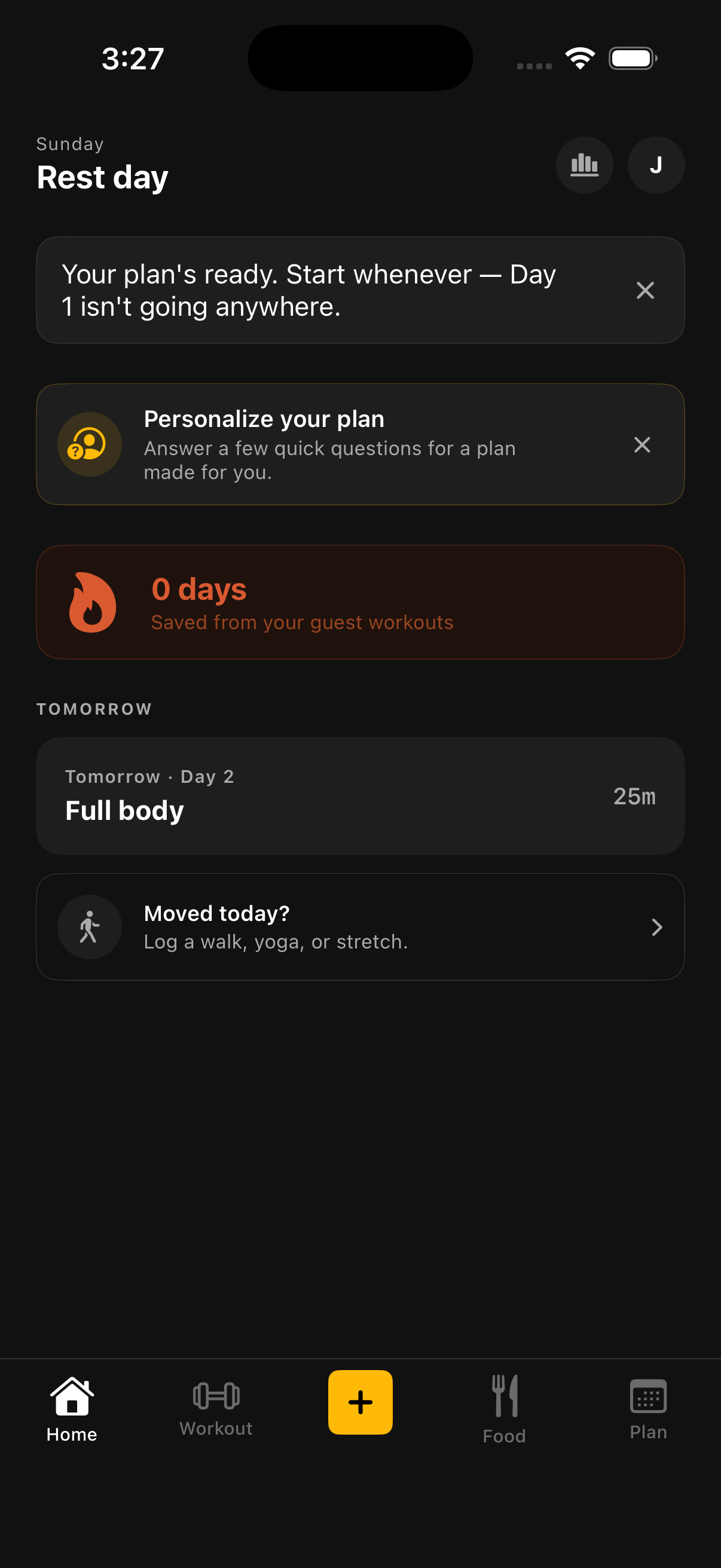 WTF tab bar with Home, Workout, centered plus button, Food, and Plan