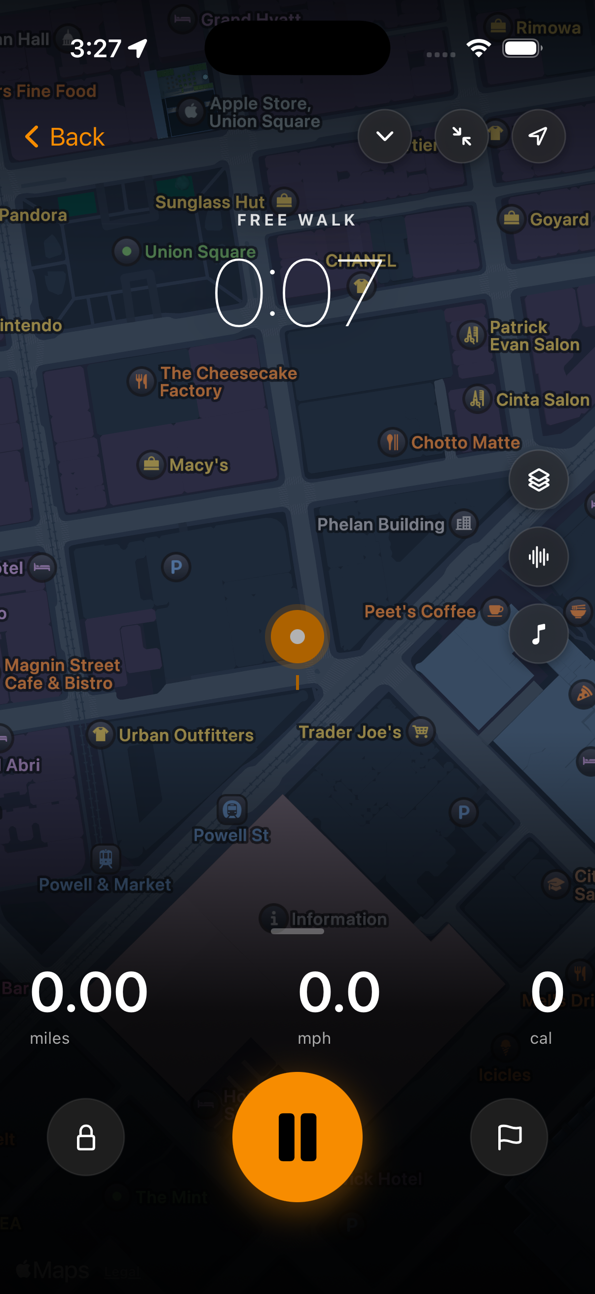 Walk in progress with live mini-bar showing elapsed time, distance, and pace