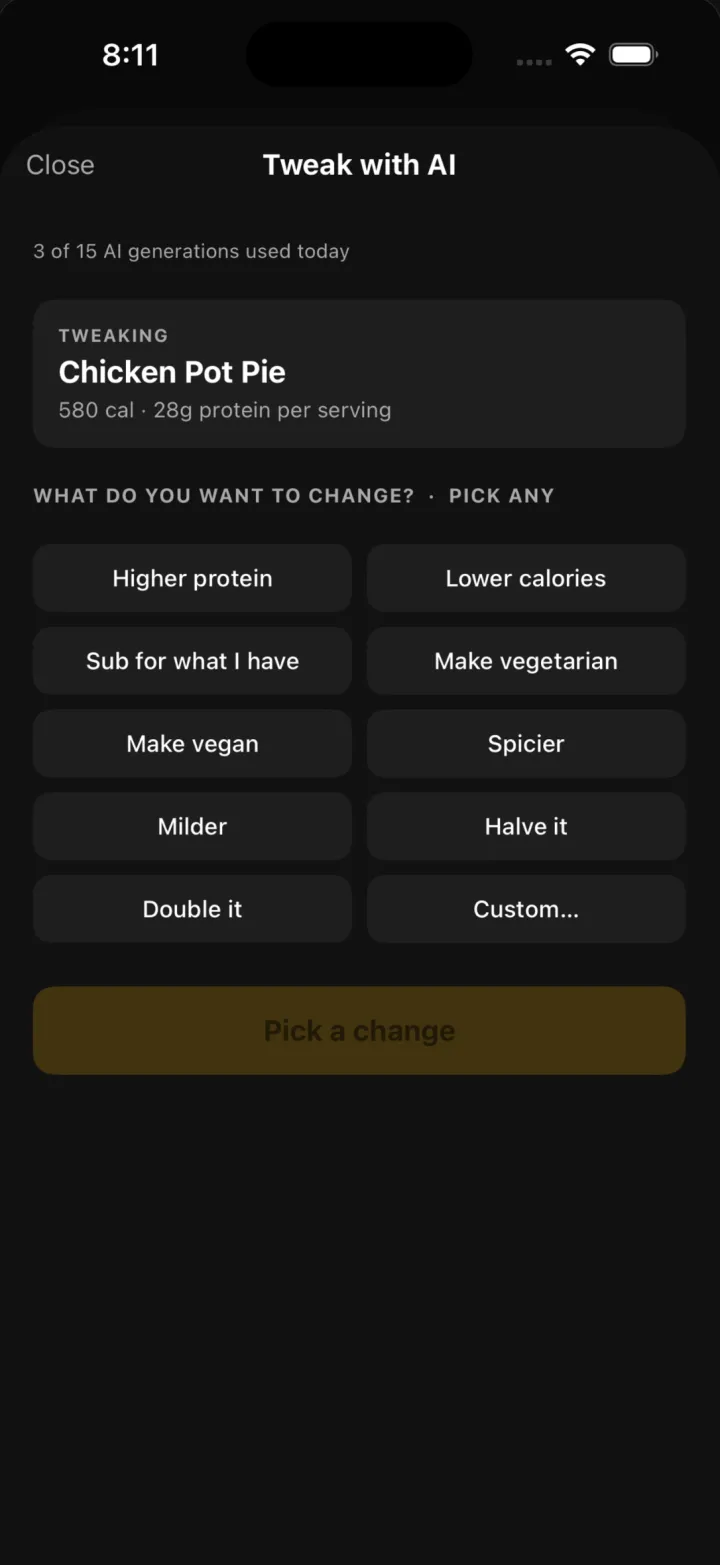 Tweak with AI: higher protein, lower calories, make vegetarian and more