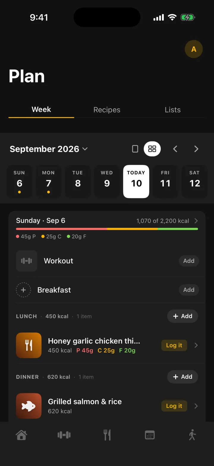 Weekly plan: meals, workout and macros for the day
