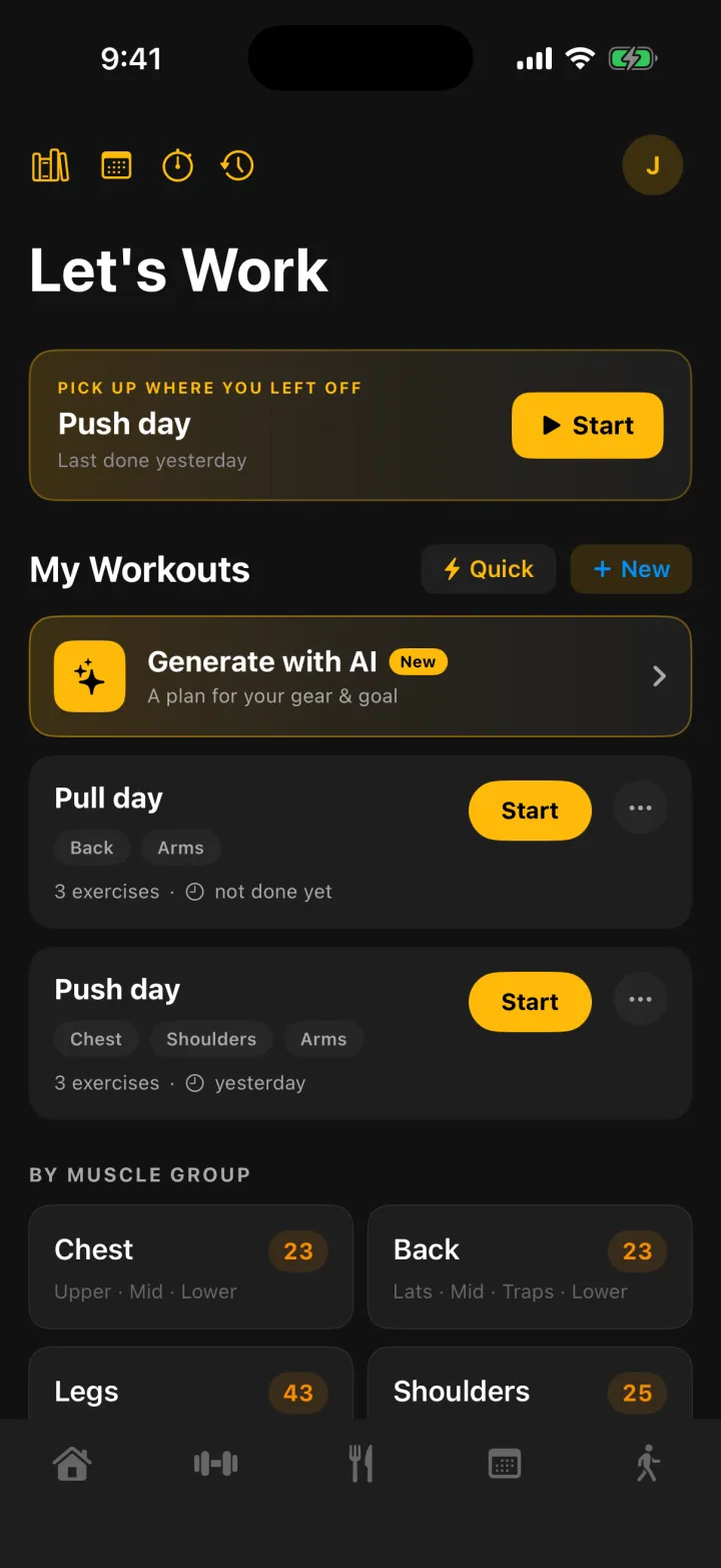 Workouts: Generate with AI, saved workouts and one-tap Start